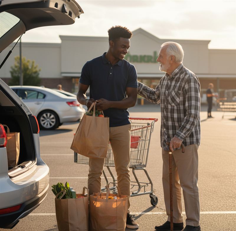 A Senior Express driver assisting a senior client with errands