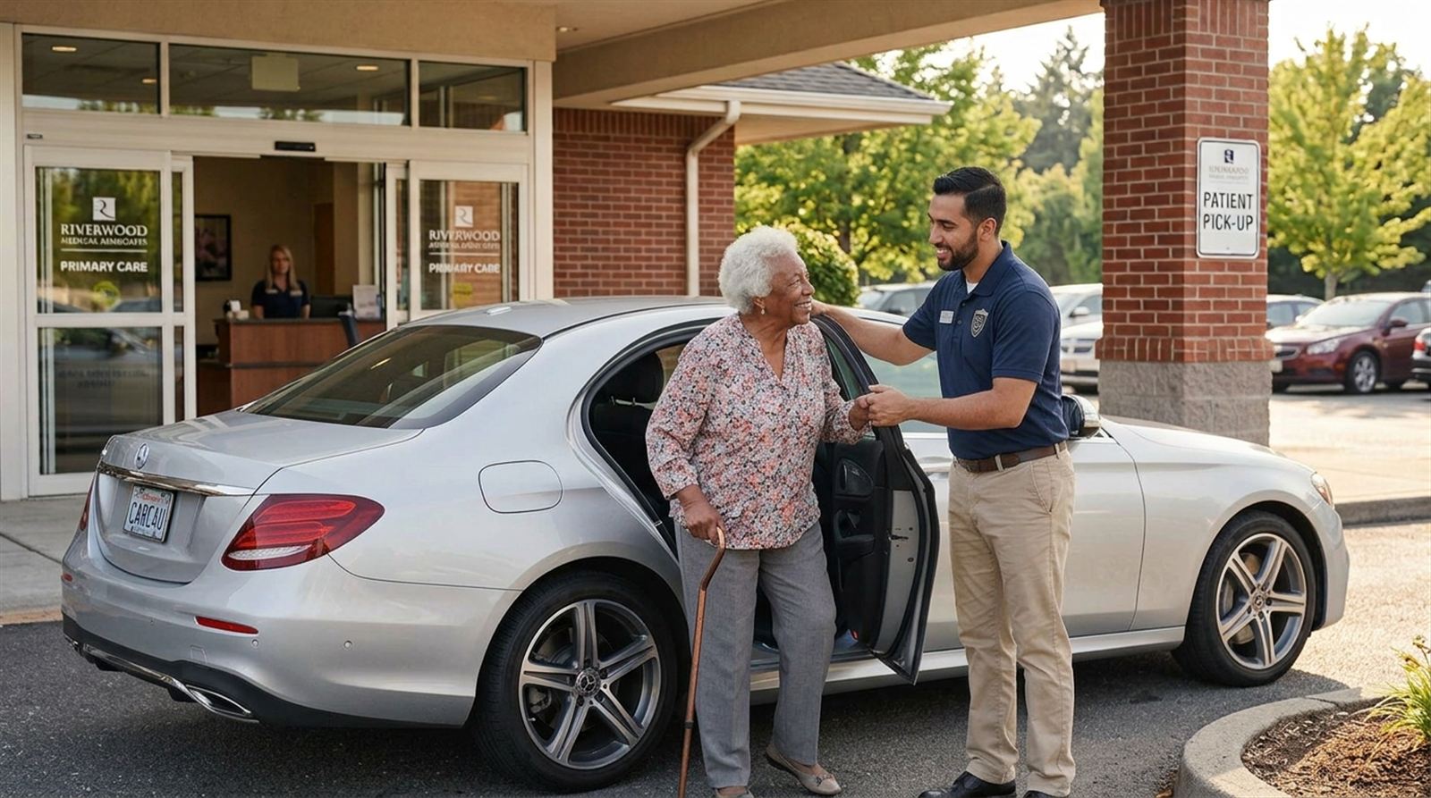 A Senior Express driver helping a senior client