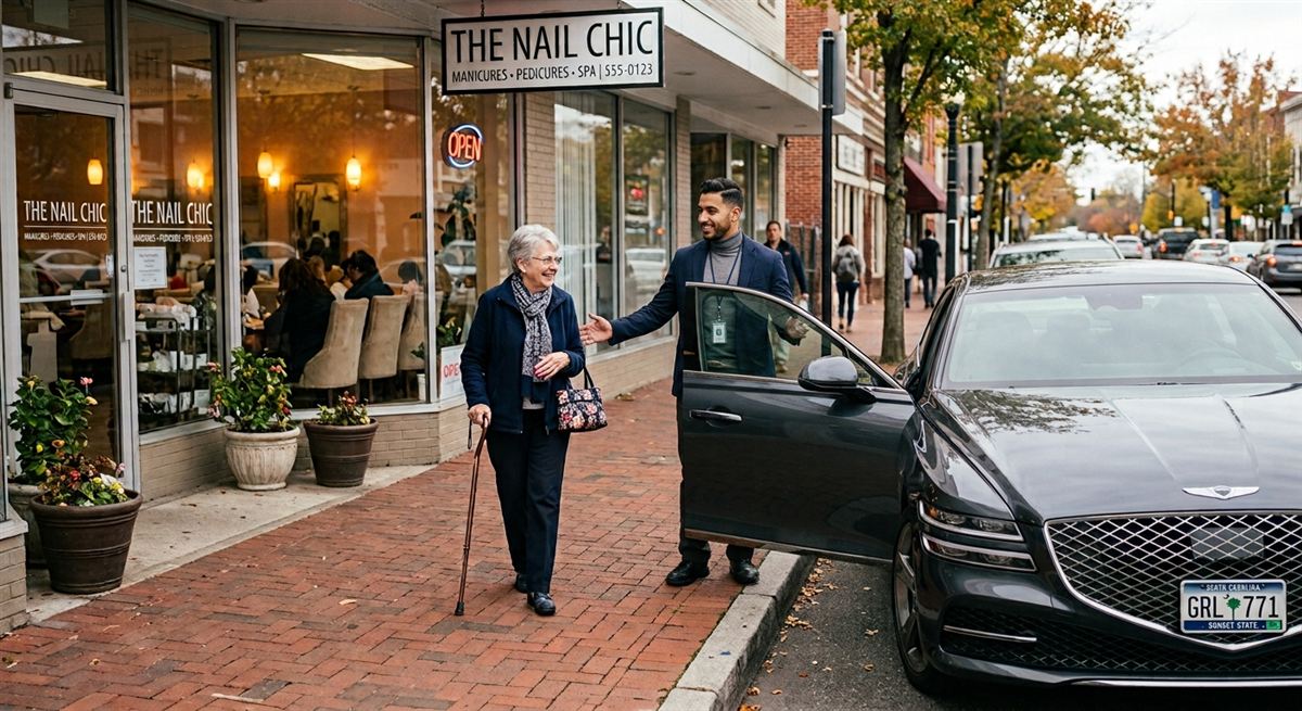 A Senior Express driver assisting a client at a nail salon